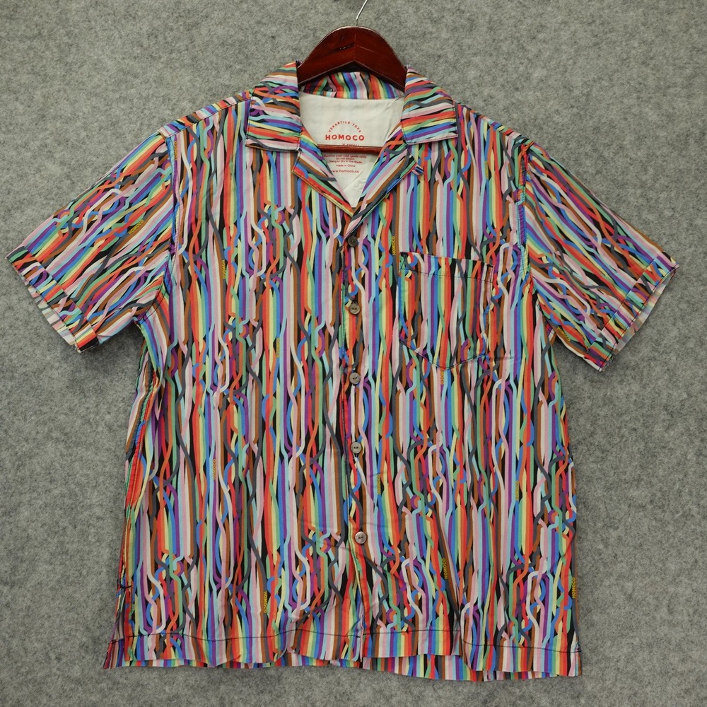 Rainbow Striped Camp Shirt Mens XS Colorful Tencel Y2K Pride Boxy Queer HOMOCO